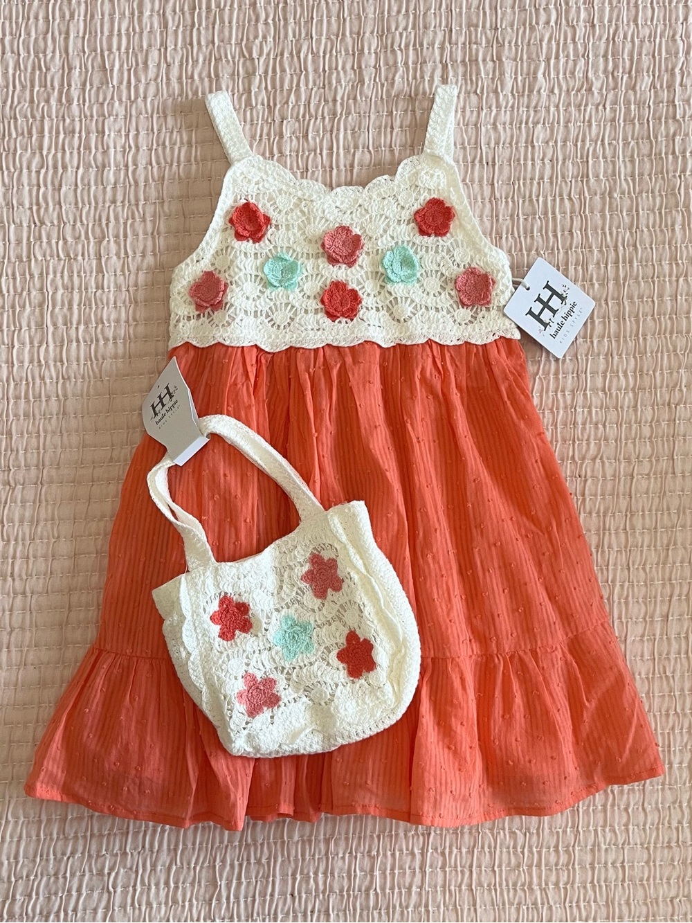 New Haute Hippie coral Girls Sundress Crochet Flower Top And Purse Toddler 5T